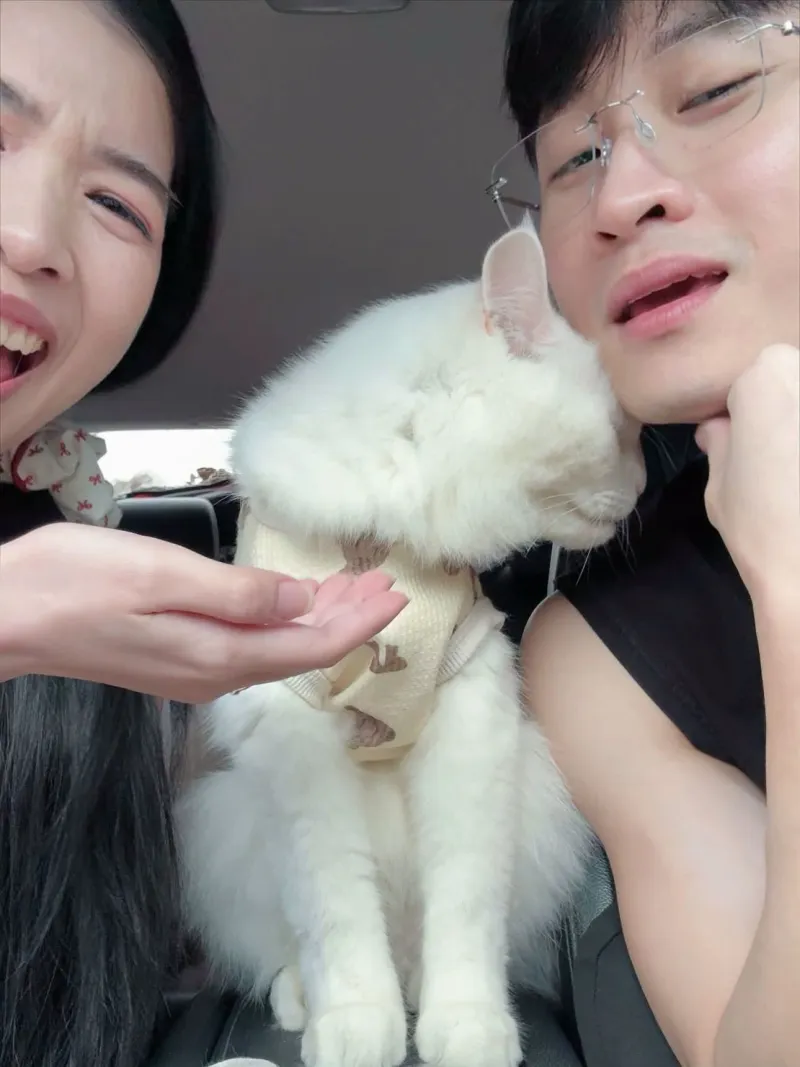 โมจิโร่นั่งอยู่ในรถ แนบแก้มกับเจ้าของ